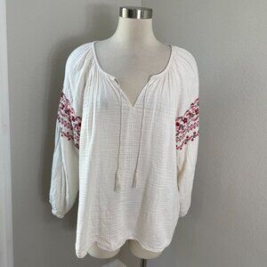 Old Navy Womens XL Embroidered Peasant Blouse Gauzy Cotton Boho Floral Shirt